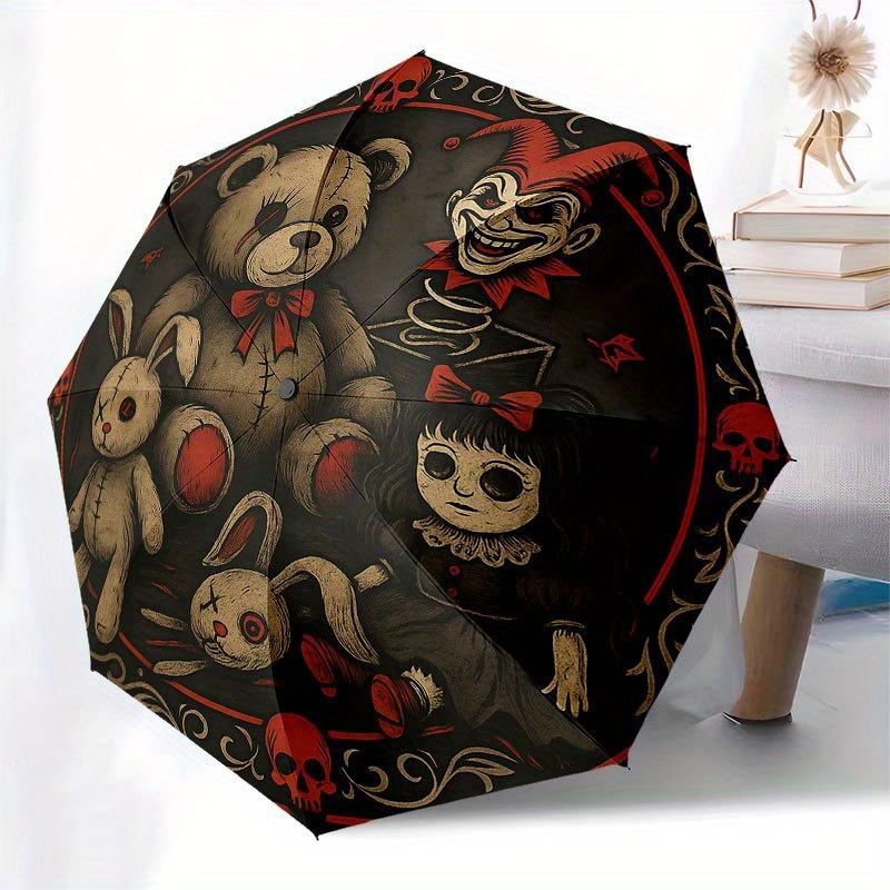 Spooky Plushies: Creepy Teddy Bear, Bunny, Clown & Doll Halloween DecorationsUmbrella with Cute Design, Portable 3-Fold Compact Umbrella for Men & Wom