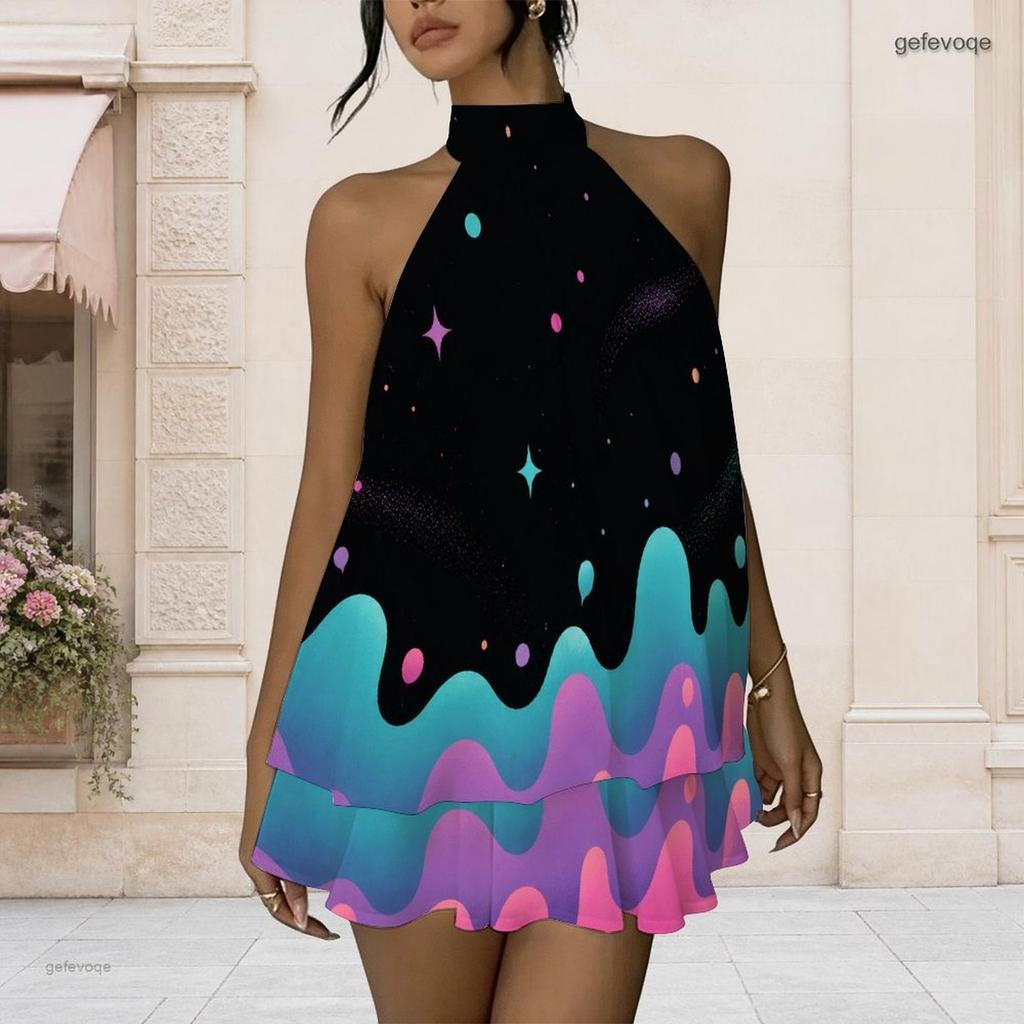 Women Plus Size Halter Neck Sleeveless Printed Layered Faux Two Piece Mini Dress