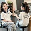 Korean Girls' Cotton Polo Shirt with Cartoon Patchwork & Lapel
