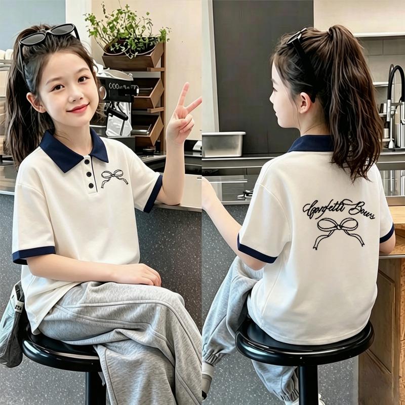 Korean Academy Style Girls' Cotton Polo Shirt with Patchwork Lapel - Casual Summer Short Sleeve T-shirt