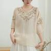 Women's Linen Embroidered Blouse Round Neck Half Sleeve Casual Summer Top