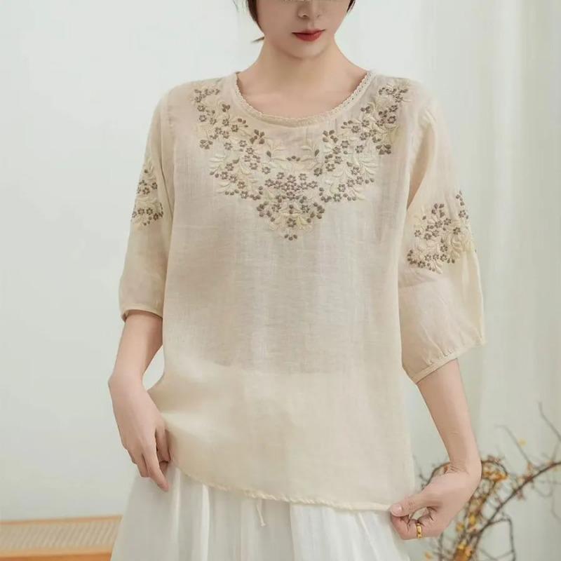 Women's Linen Embroidered Blouse Round Neck Half Sleeve Casual Summer Top