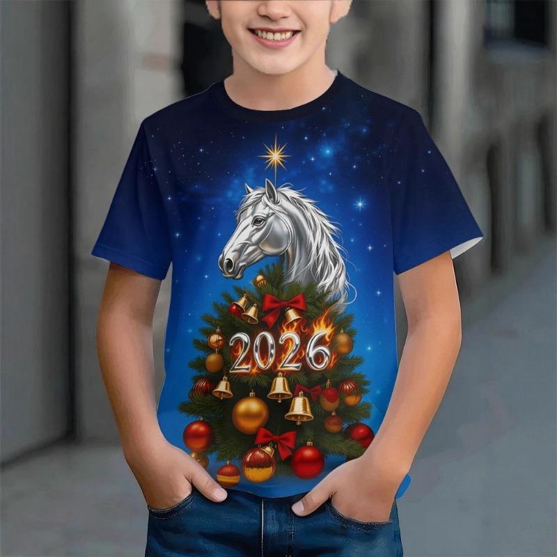 Children's T-shirt 3d horse year printed round neck short sleeve upper
