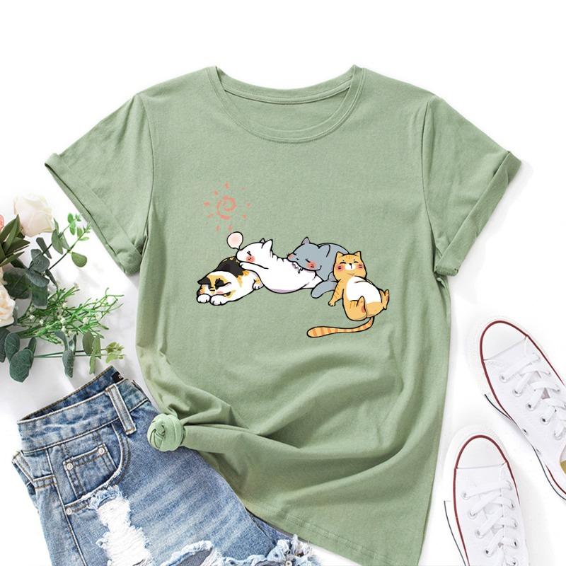 T-shirt estive da donna in cotone a maniche corte e girocollo ampio con stampa di gatto che dorme
