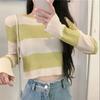 Striped Cropped Thin Long Sleeve Knit Sweater Women's Casual Round Neck Top Simple Bottoming Shirt Y2k Pullovers  KoreanFashion