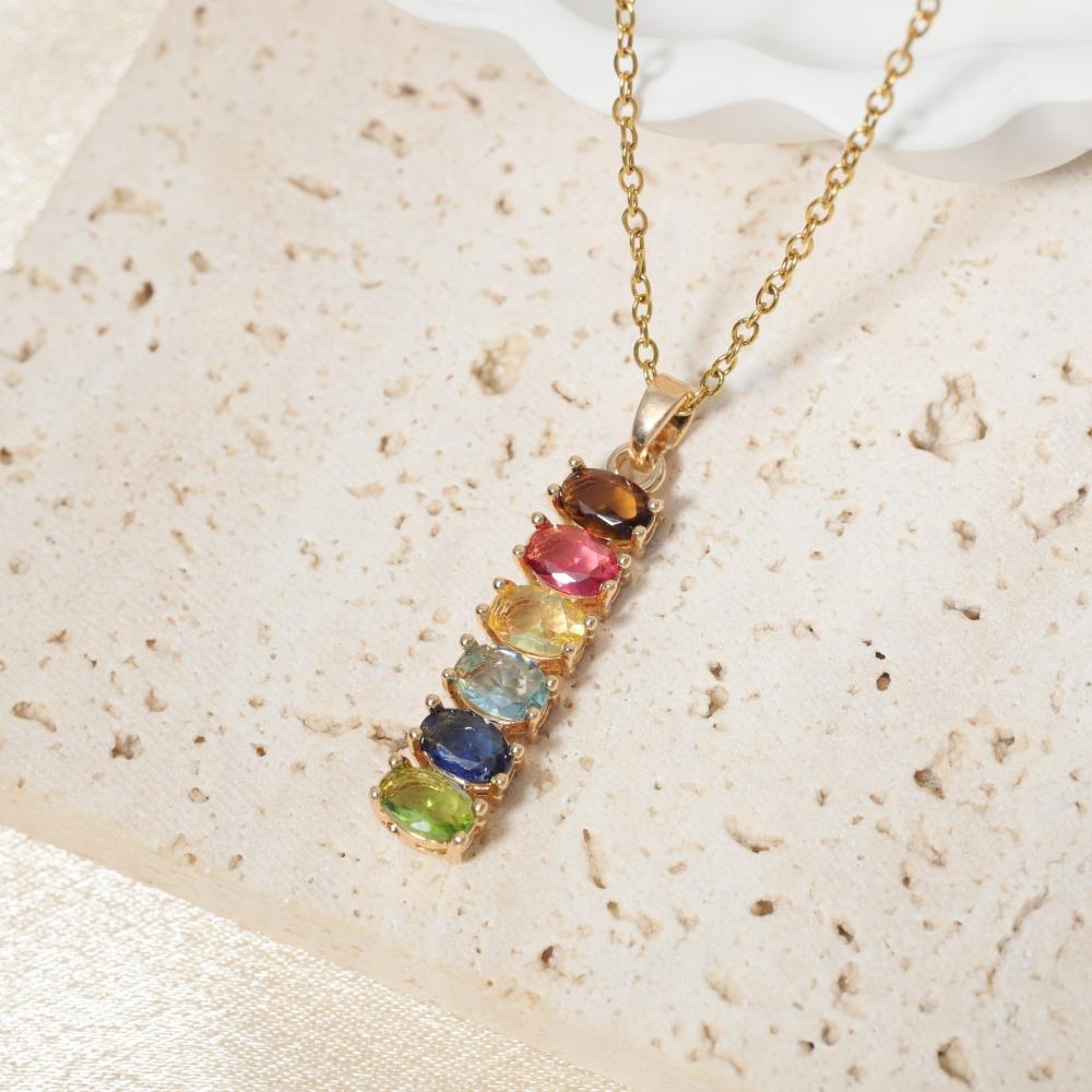 Regenbogen Mehrfarbiger Zirkonia Vertikaler Stab Anhänger Halskette, Goldfarbener Chakra Schmuck für Damen