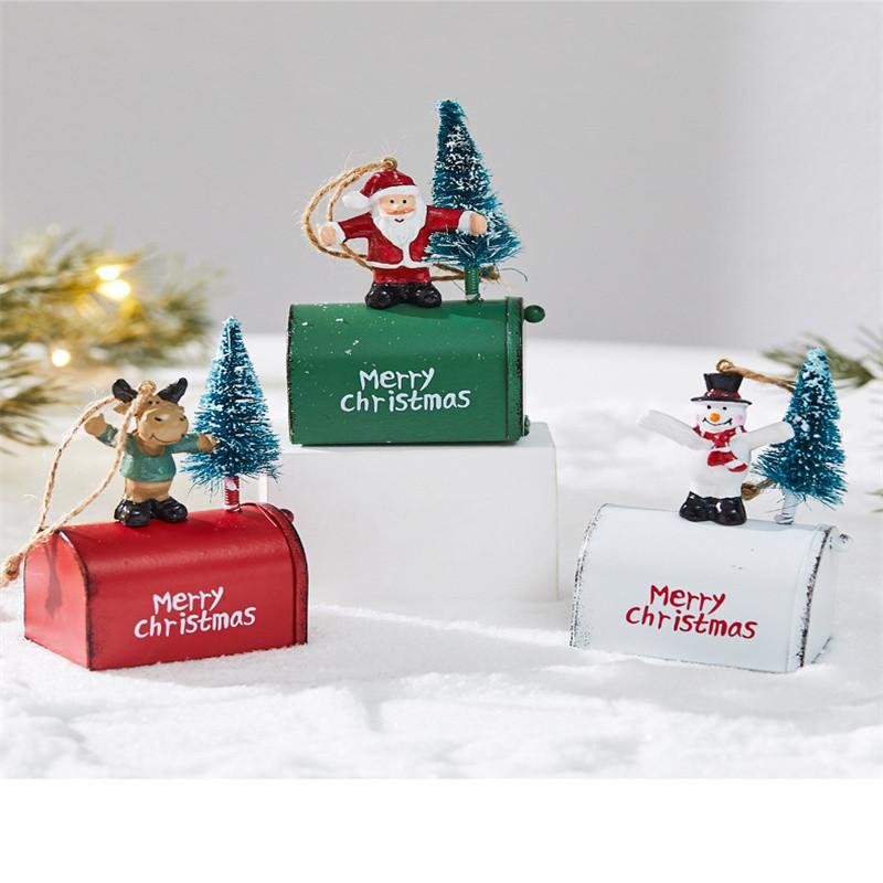 New Christmas Iron Decoration Small Mailbox Santa Claus Elk Pendant Holiday Snowman Ornament