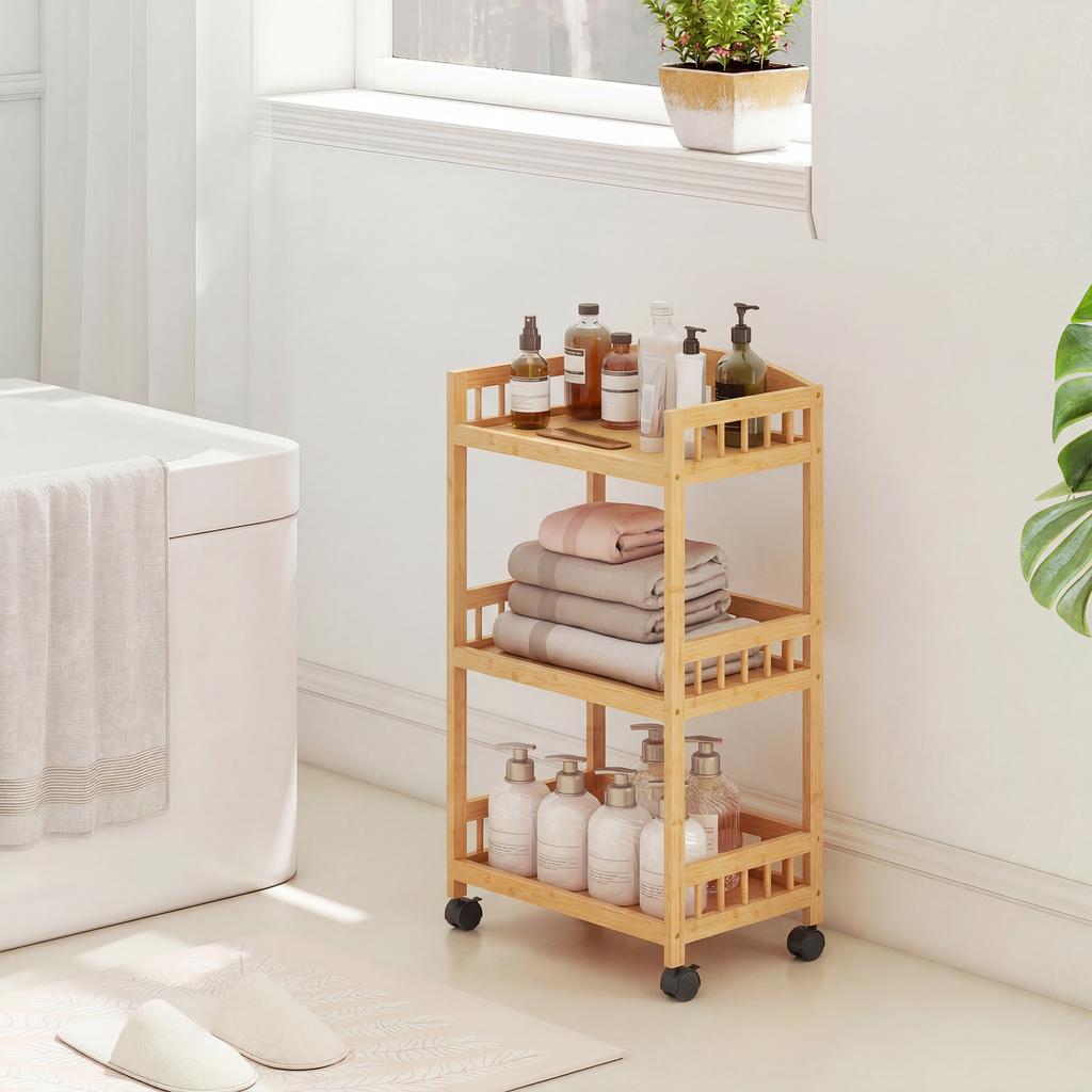 Kitchen Cart Rolling Cart with 3 Levels, Serving Cart with Storage Kitchen Shelf on Casters, for Kitchen Bathroom Office Natural Wood