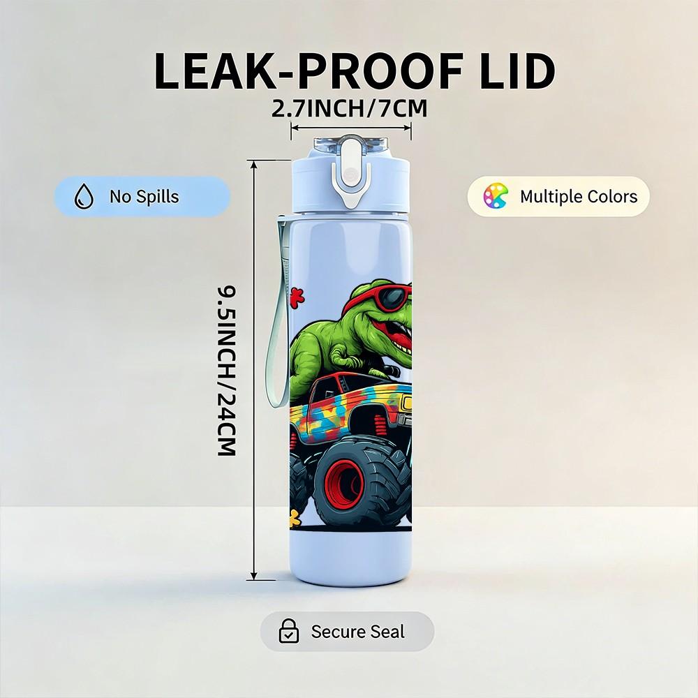 1PC Dinosaur Monster Truck Cartoon 750ml Color Plastic Sports Water Bottle Leakproof Flip Straw Lid Suitable for Sports Office Home Use