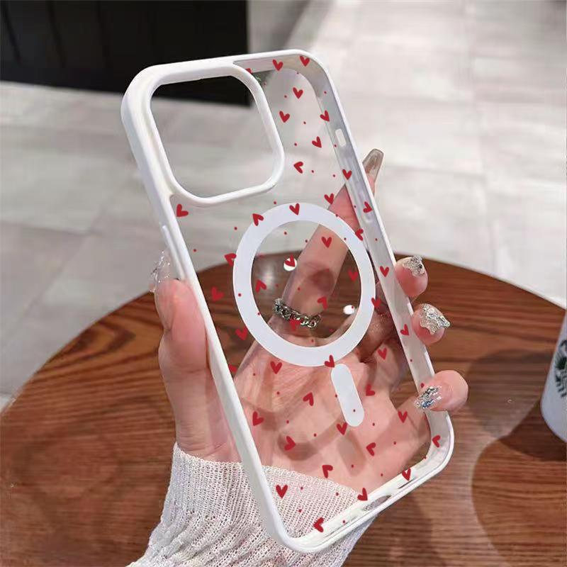 Polka Dot Heart Pattern Black Border Magnetic Clear Phone Case For iPhone 17 Air 16E 16 15 14 13 12 Pro Max Plus 11 17 Cover