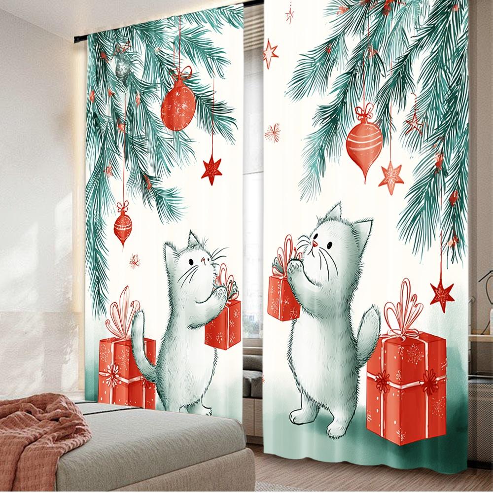 

Set Of 2 Flat Printing Scene Curtain Christmas Playful Cats Digital Printed Polyester Drapes Birthday Party Holiday Portraits W100*H70(CM)-Hooks&1PCS