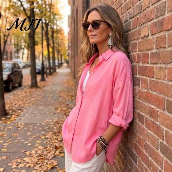 Solid Color Blouses Women Casual Button Front Shirt, Long Sleeve Turndown Collar Blouse, Work Shirts Drop Shoulder Fall Top for Daily Wear