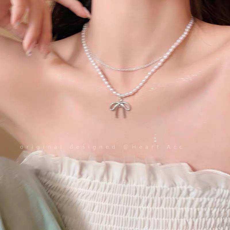 Broken silver metal bow love pearl necklace women's niche design personalized versatile high-grade neck chain collarbone chain