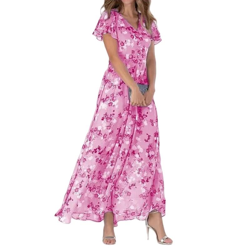 Summer new big pendulum long dress V-neck short-sleeved printed chiffon dress