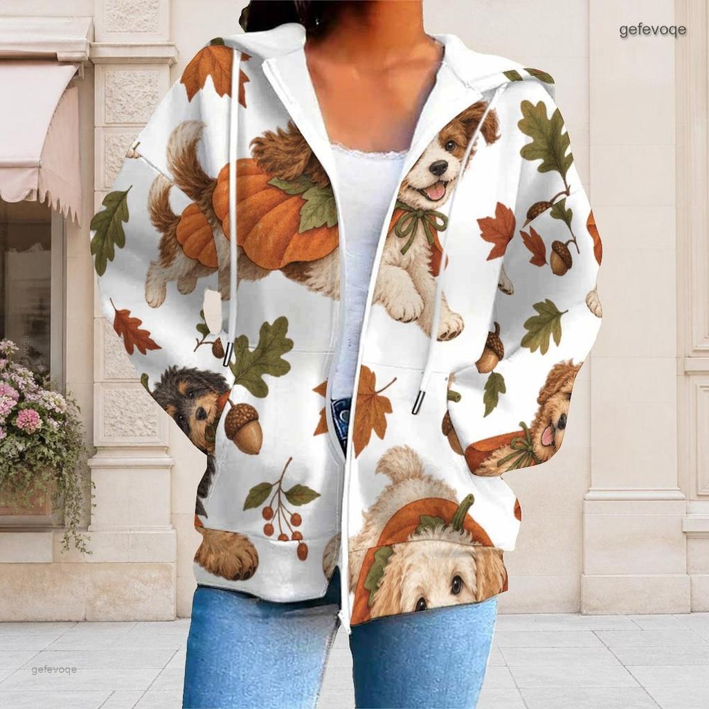 Women Plus Size White Zip Up Long Sleeve Hoodie Drawstring Hood Printed Puppy Pumpkin Fall Leaf Pattern With Pockets