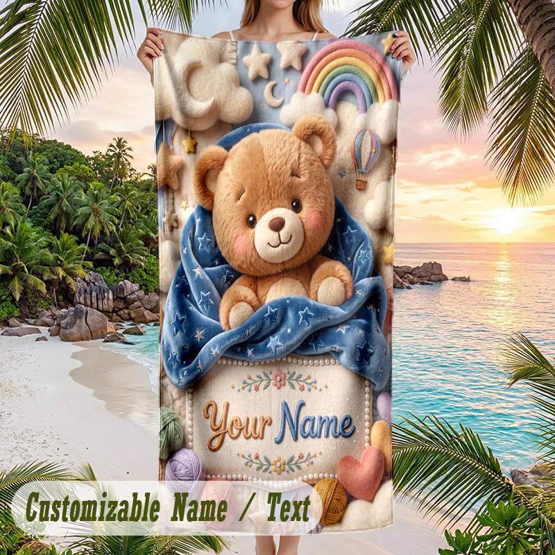 Teddy Bear Theme Beach Towel Personalized Custom Name & Text Soft Quick Dry Beach Towel for Swimming Travel
