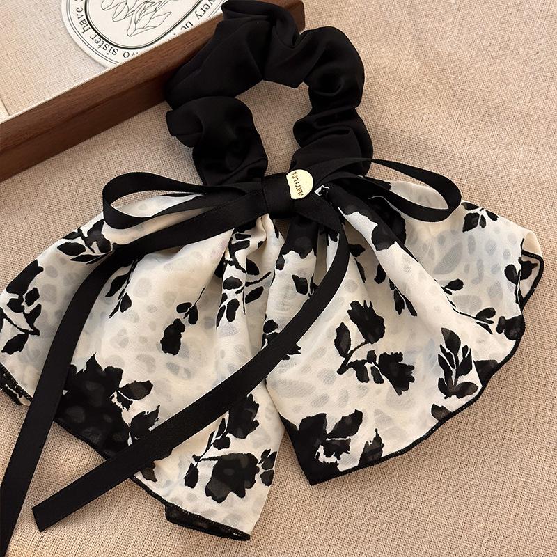 New Vintage Print Bow Ink Skirt Elastic Scrunchie Headband Elegant Fashion Lady Ponytail Streamer Hair Rope Hair Accessories