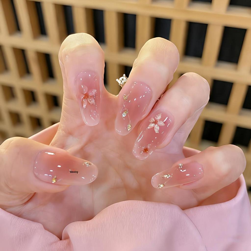 Yuanxi Light Luxury Nude Cat Eye Rhinestone Gradient Handmade Wearable Nail Stickers