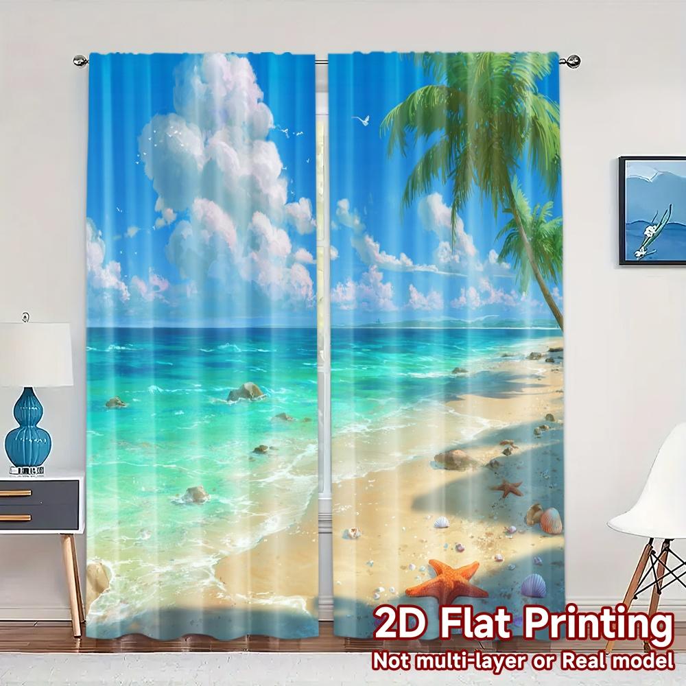 2pcs, 2D FLAT PRINTING Curtains (Without Rod) Tropical Shore Contemporary Popular Curtains Fabric Curtains Outdoor Decorations 60×150cm