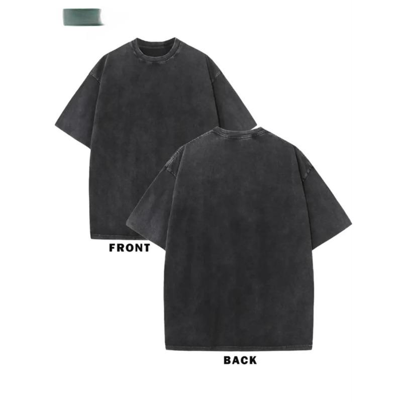 European Size Men'S  Blockbuster Washed T-Shirt - Black Cat And Red Daisy Print, White Piping Edge, Loose Version Short Sleeve Crew Neck