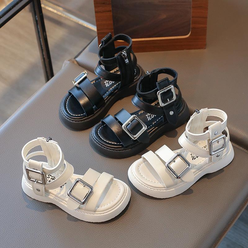 High Top Girls Roman Sandals Summer New British Style Fashion Princess Sandal with Hardware Vacation Children Beach Shoes I05239