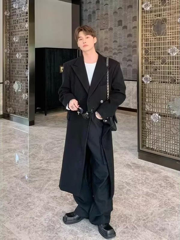 Men's Autumn/Winter 2025 Trendy Woolen Lapel Trench Coat - Scruffy Cool Mid-Length Outerwear