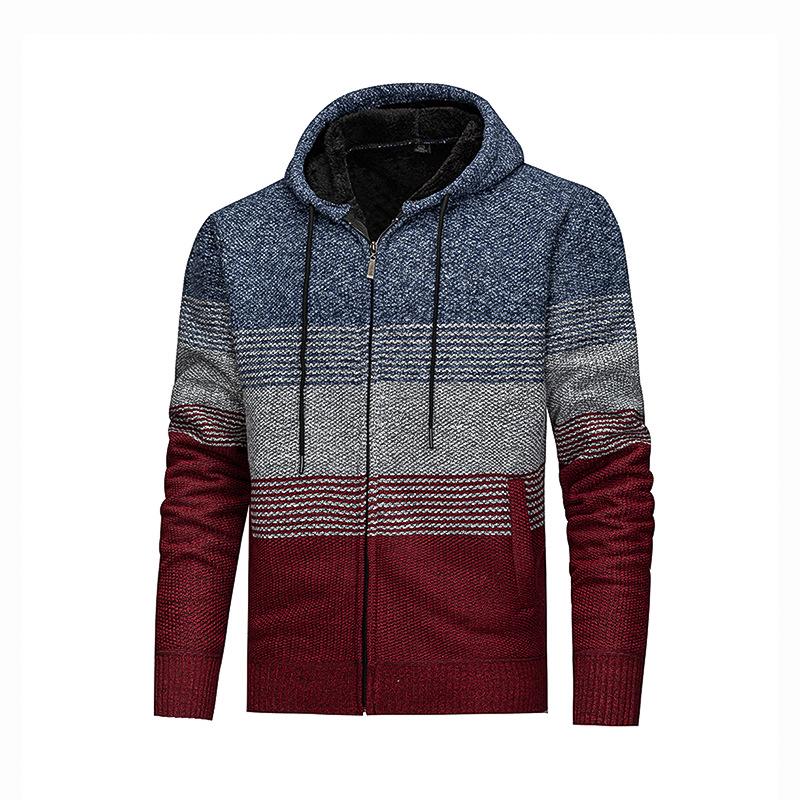 

Men s Velvet-Lined Color Block Hooded Cardigan Sweater for Fall/Winter (European & American Style) M синій