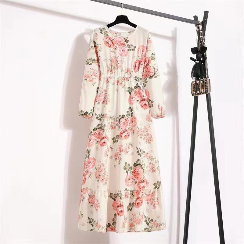 Women's Spring Floral Chiffon Long Sleeve Dress - Slim Waist, Long Skirt