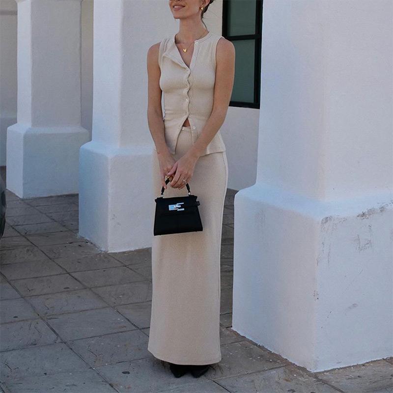 Elegant Maxi Skirt Two-piece Set Women's Sleeveless Knitted Deep O Neck Tops Slim Skirt Set 2025 Fashion Casual Skirt Sets