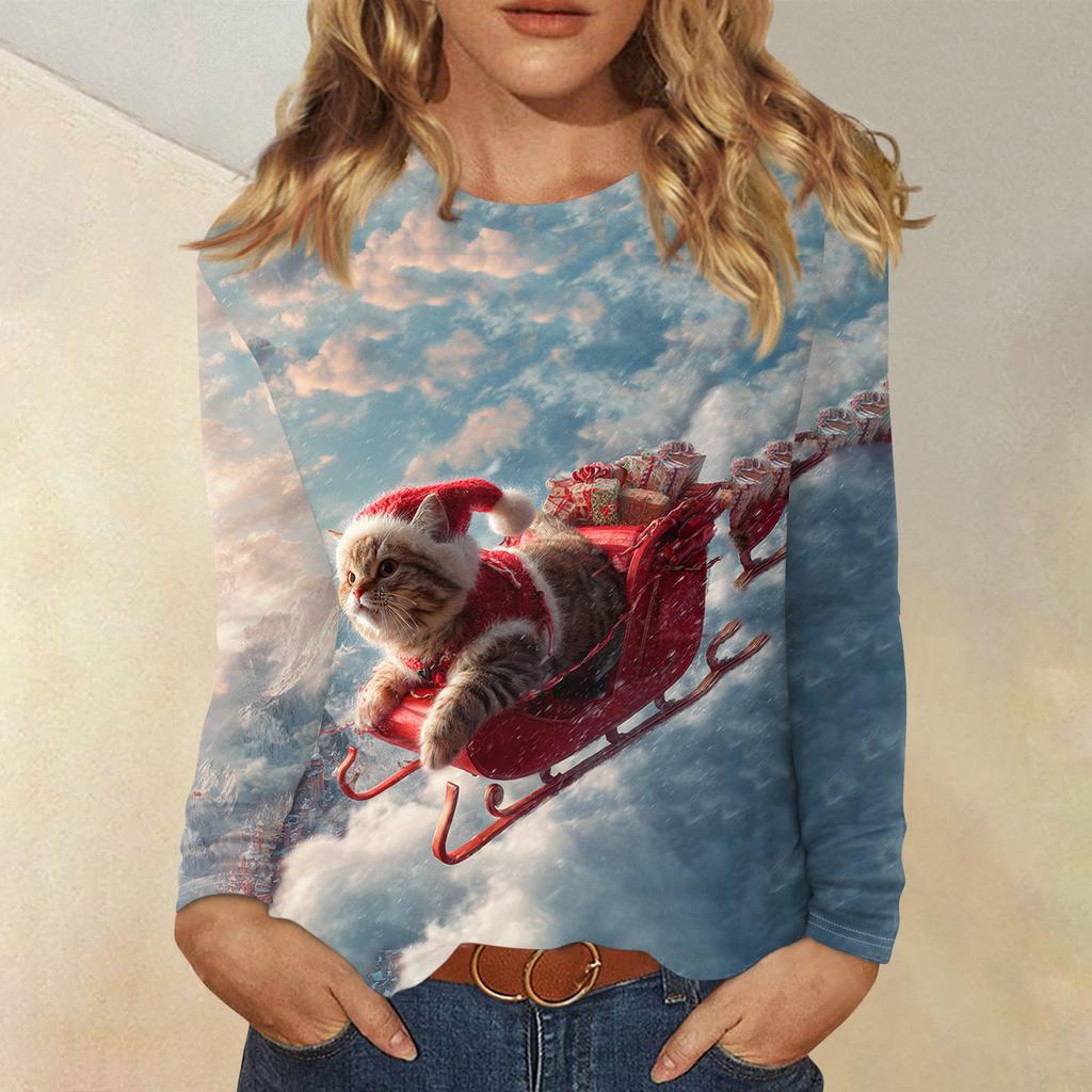 Langermede skjorter for kvinner Søt trykk grafisk t-skjorte Bluser Uformell Pluss størrelse Basic Topper Pullover