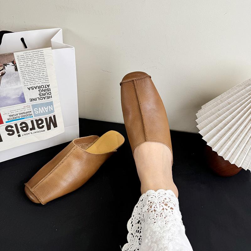 Johnature Retro Splicing Šití Ploché Pantofle Kulatá Špička Pravá Kůže Měkká Podrážka Jednobarevné Dámské Boty