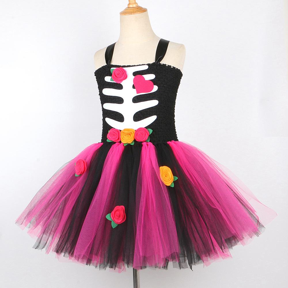 Halloween Kids Dress Cosplay Heart Print Skeleton Costumes Girls Floral Skull Tutu Children Carnival Performance