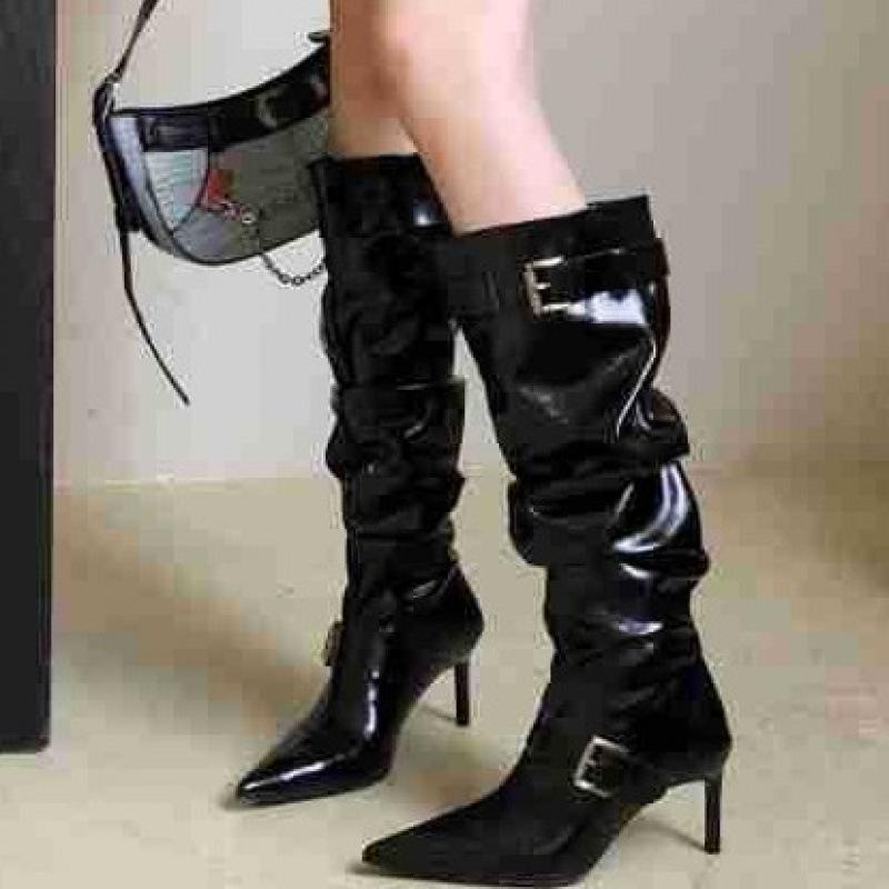 2025 new autumn and winter belt buckle thin heel medium heel high heel boots pleated women's boots stacking boots Martin boots western boots