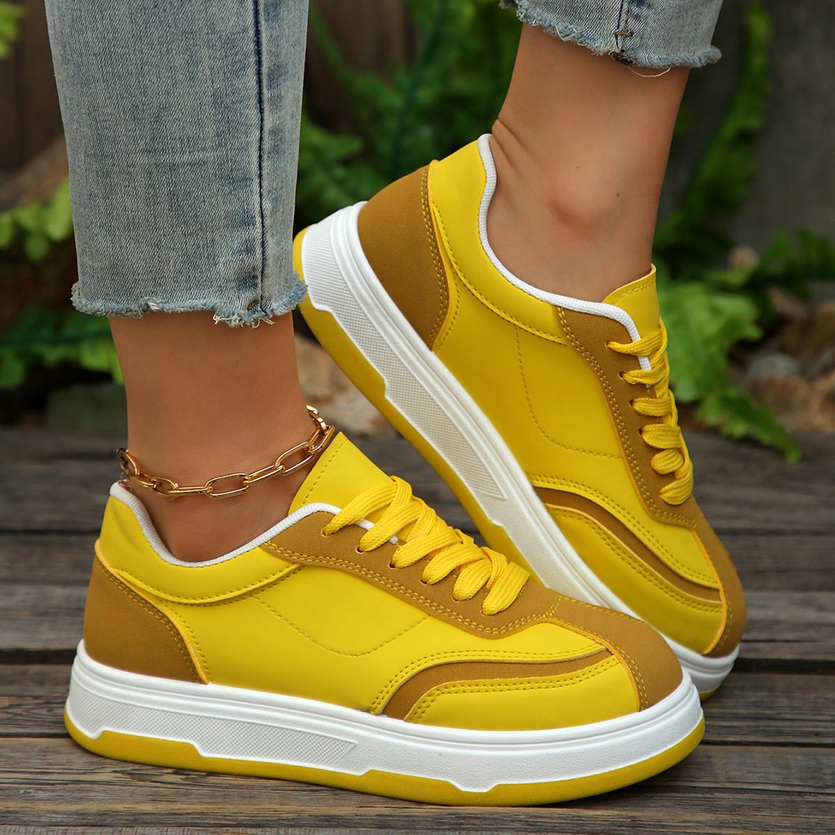 

Mix Color Lace Up Flat Skate Shoes Women 2025 Autumn Round Toe Soft Thick Bottom Sneakers Comfort Non Slip Sports Shoes 42 жёлтый