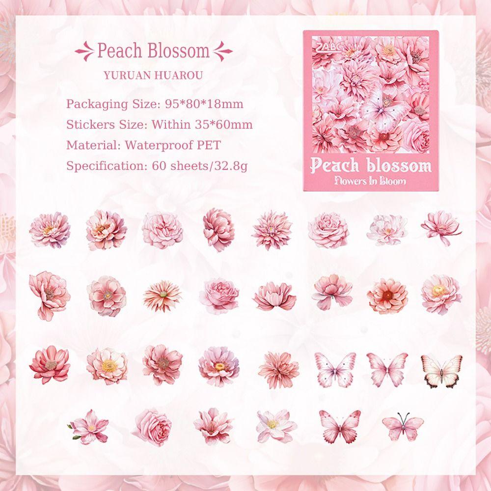 

60Pcs/Pack Waterproof Scrapbooking Sticker DIY PET Stickers Artistic Decorative Stickers Peach Blossom
