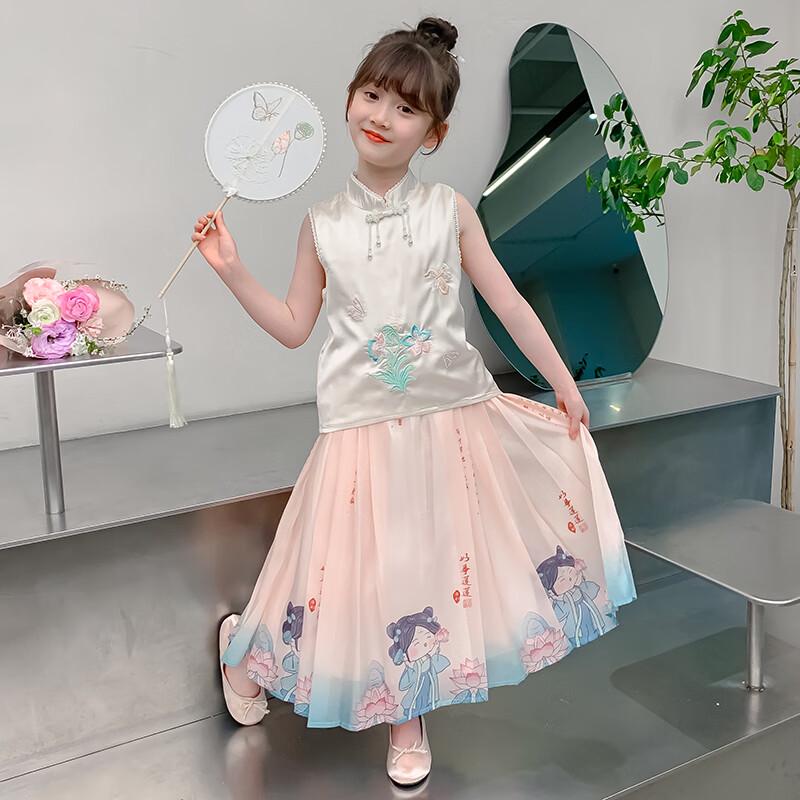 Girls' Summer Floral New Chinese Style Skirt Set
