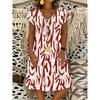 Women Summer Dress V Neck Short Sleeve A Line Printed Dress Abstract Swirl Pattern Red White Casual Everyday Dress Fashion