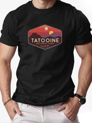 Mens Tatooine National Park Pattern Summer Tshirt Bright Yellow Casual Shortsleeved Top with Sunset Mountain View Design