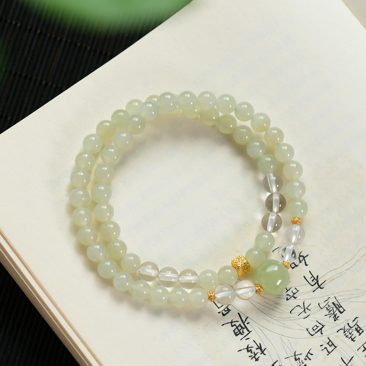 Натуральный нефрит Хэтянь, браслет на руку с двойным кругом и бусинами из стерлингового серебра 925 пробы 6mm