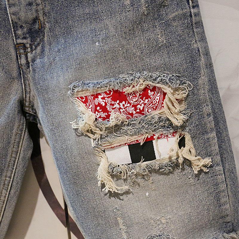 Summer Retro Man Denim Shorts with Text Ripped Embroidery Short Jeans Pants for Men