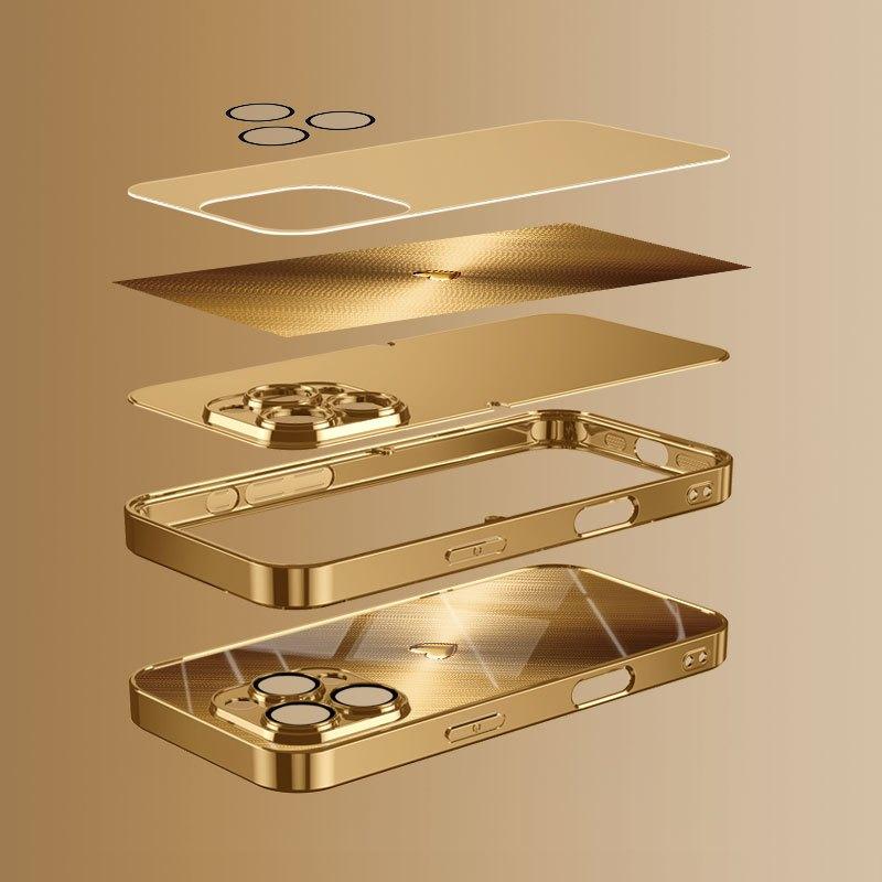 Gold Brushed Pattern Electroplated Glass Phone Case, Suitable for iPhone 17, 16, 15, 14, 13, 12, 11, Etc.