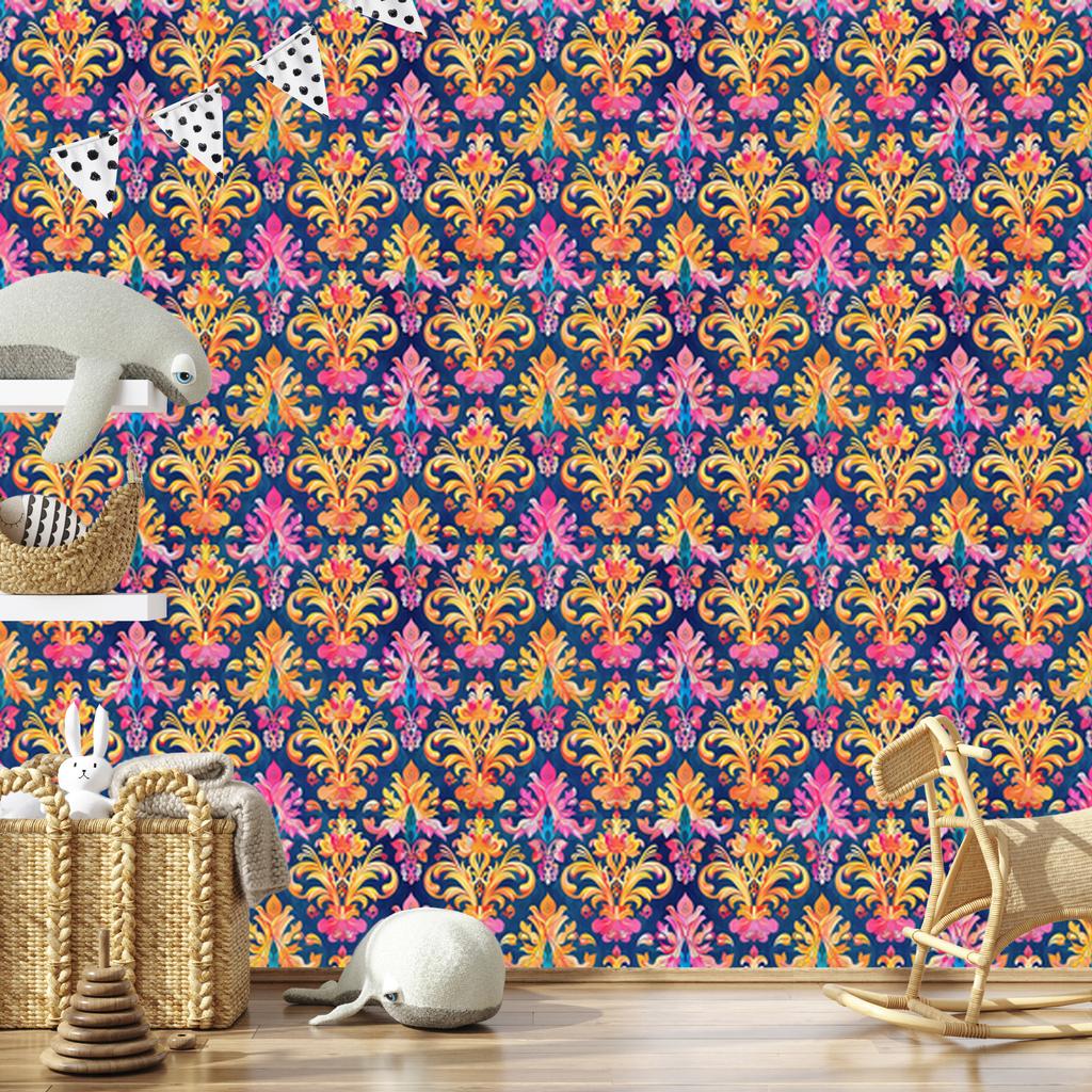 Baroque Damask Wallpaper Blue and Gold for Living Room and Bedroom 50x1000