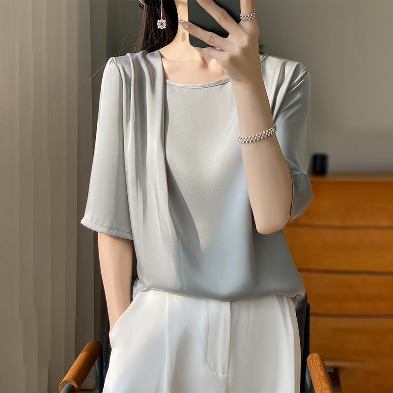 

Женская летняя футболка с короткими рукавами, 50% шелка тутового дерева, 50% полиэфирного волокна, удобная и дышащая XL синий