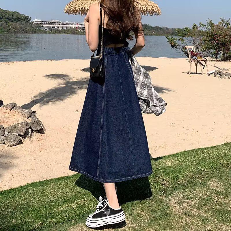 Women's Autumn Plus Size Denim Midi Skirt - High Waist Slimming A-line with Elastic Waist