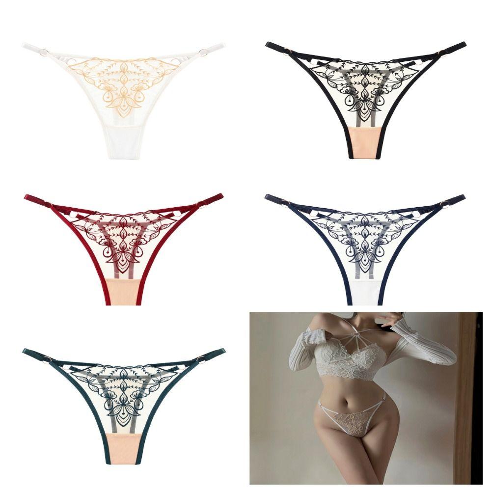 

Embroidery Sexy G Strings Elastic Ice Silk Panties Soft Sexy Hollow Out Thongs Female