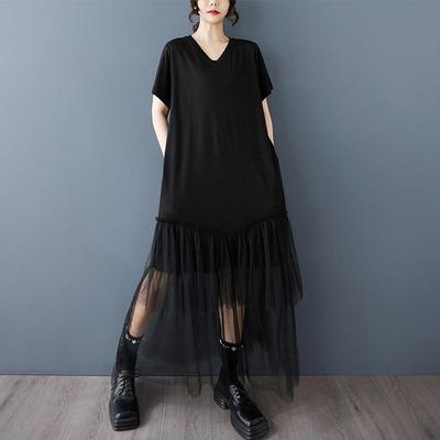 Short Sleeve Plus Size Black Cotton Mesh Vintage Patchwork New In Dresses for Women Casual Loose Long Summer Dress