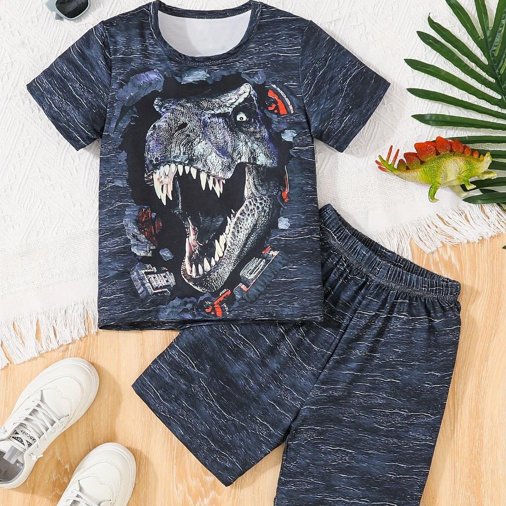 2-teiliges Cooles Dino Roar T-Shirt- und Shorts-Set für Jungen – Weiches, atmungsaktives Sommeroutfit mit lebendigen Grafikdrucken