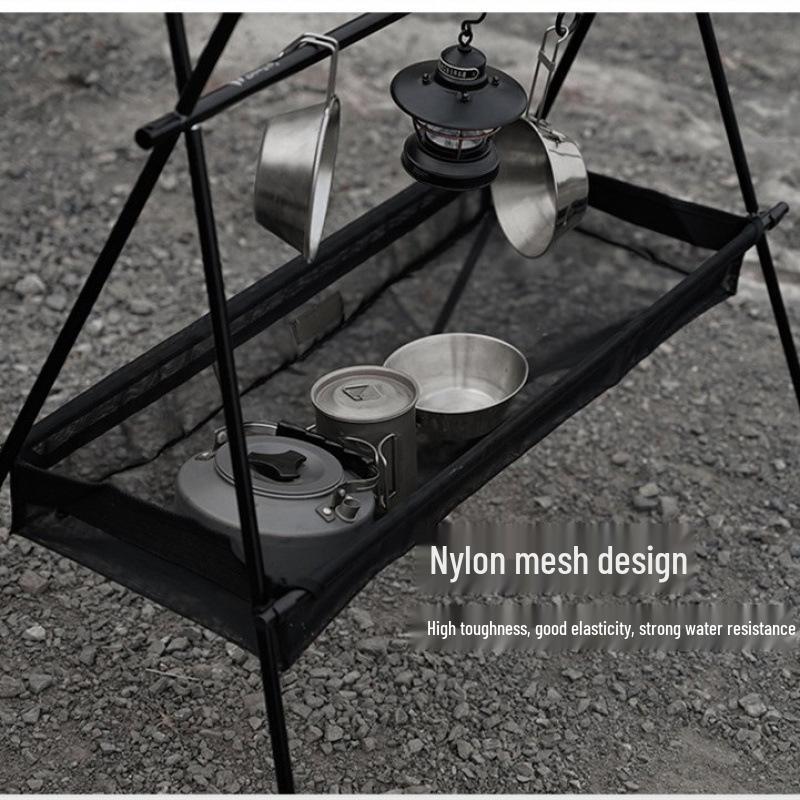 Portable Double-Layer Foldable Storage Rack with Mesh Bag for Outdoor Camping, Self-Driving Tours, Home Use, and Picnics.