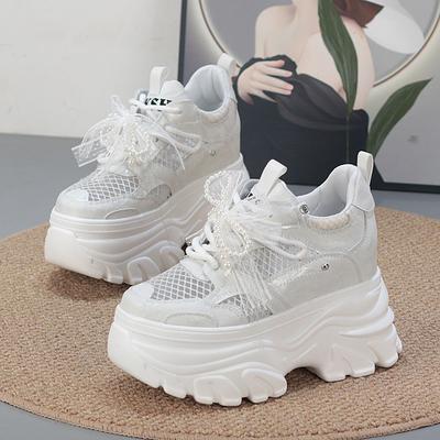 Baskets à plateforme ultra haute de 11 cm à augmentation cachée, chaussures blanches à semelle épaisse en maille pour femmes de petite taille, chaussures en résille décontractées