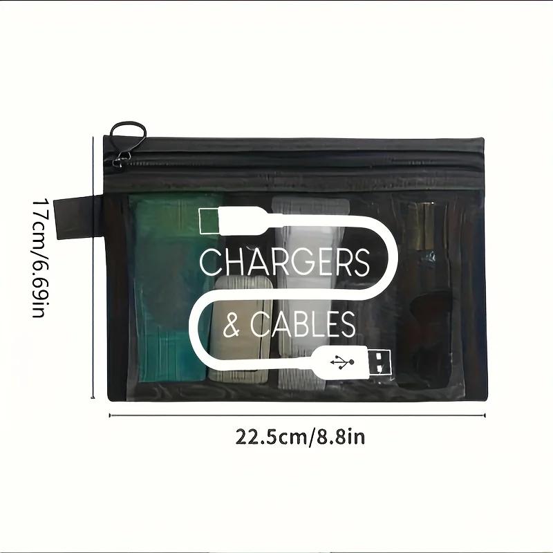 Large Capacity Nylon Makeup Bag with Charger Cable Print - Portable Travel Toiletry Organizer,Zipper Closure,Travel Cosmetic Bag